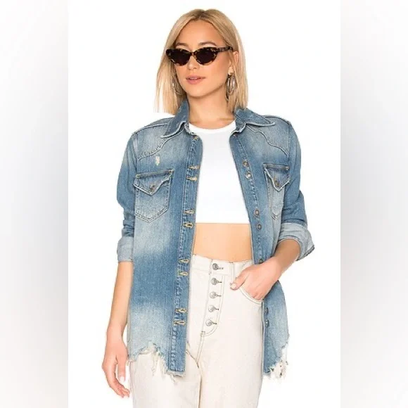 Free People We The Free Distressed Long denim Jacket Size M - Picture 1 of 6